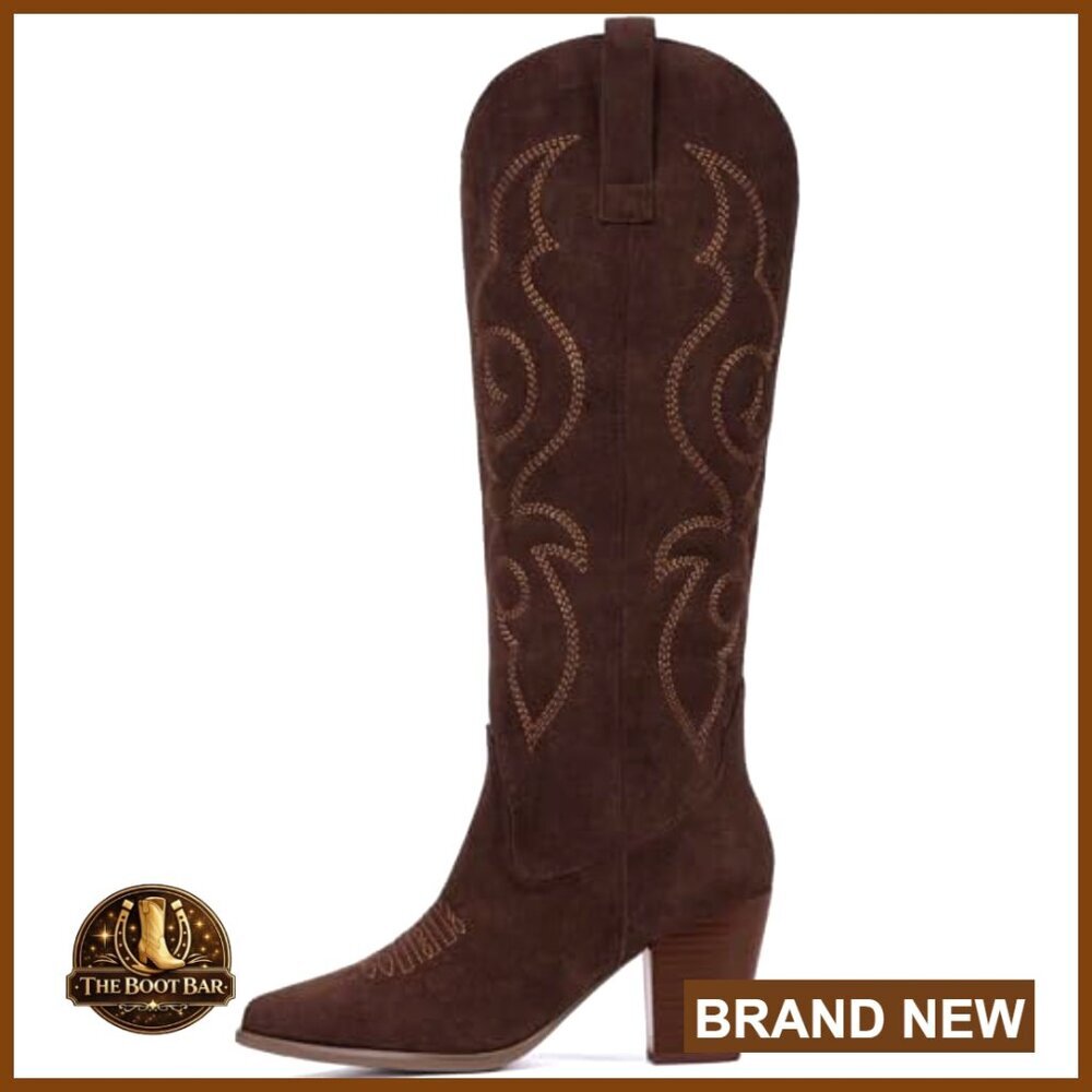 Suede Cowboy Boots Knee High with Side Zipper Block Heel - Picture 4 of 7